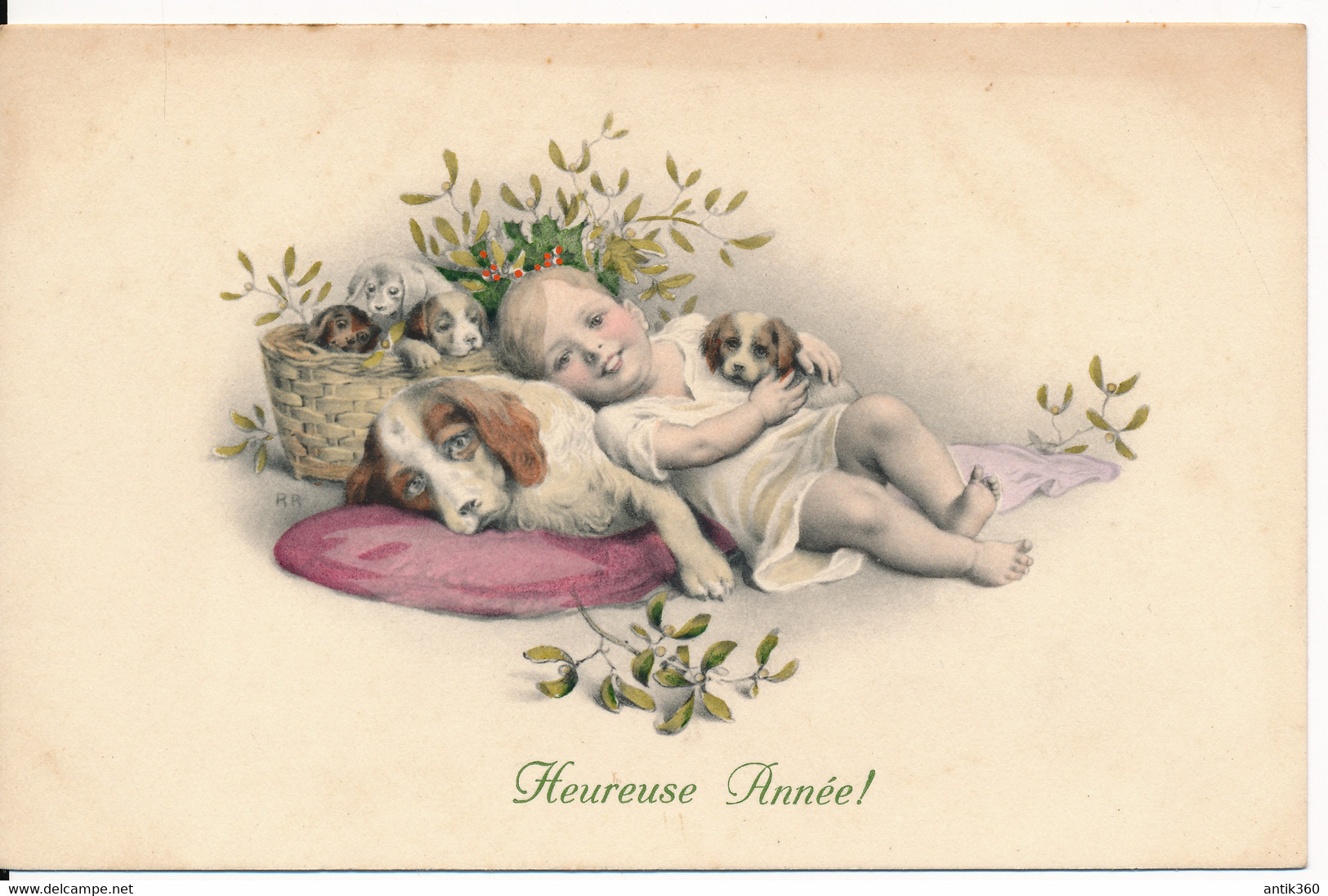 CPA Illustrateur Heureuse Année Enfants Chien Chiots Portée Gui Mistletoe M.M. MM VIENNE Nr . N°774 MUNK Viennoise - Vienne