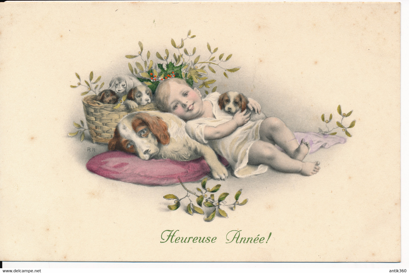 CPA Illustrateur Heureuse Année Enfants Chien Chiots Portée Gui Mistletoe M.M. MM VIENNE Nr . N°774 MUNK Viennoise - Vienne