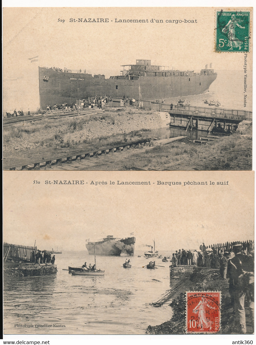 CPA 44 SAINT NAZAIRE Lot De 2 Cartes Du Lancement D'un Cargo Boat Amiral PONTY Et Barques Pêchant Le Suif - Saint Nazaire