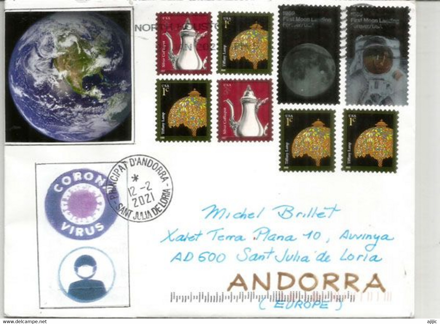 First Moon Landing (Cinquantenary) Letter Sent To Andorra During Lockdown Covid-19, W/local Prevention Sticker Virus - North  America