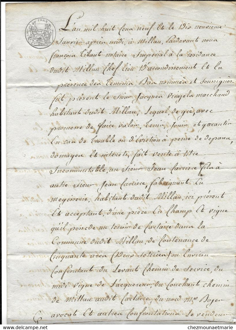 1809  MILLAU - VENTE CHAMP ET VIGNE ENTRE VIRAZELA ET CARRIERE - DOCUMENT DE 4 PAGES - Documents Historiques