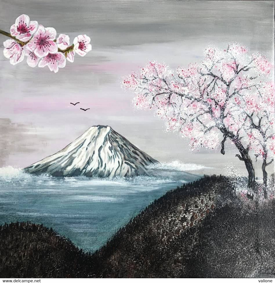 Toile 50 X 50 Cm Représentant Une Scène Japonaise, "Les Cerisiers", En Acrylique, Signée Valie. Signée. Originale - Acryliques