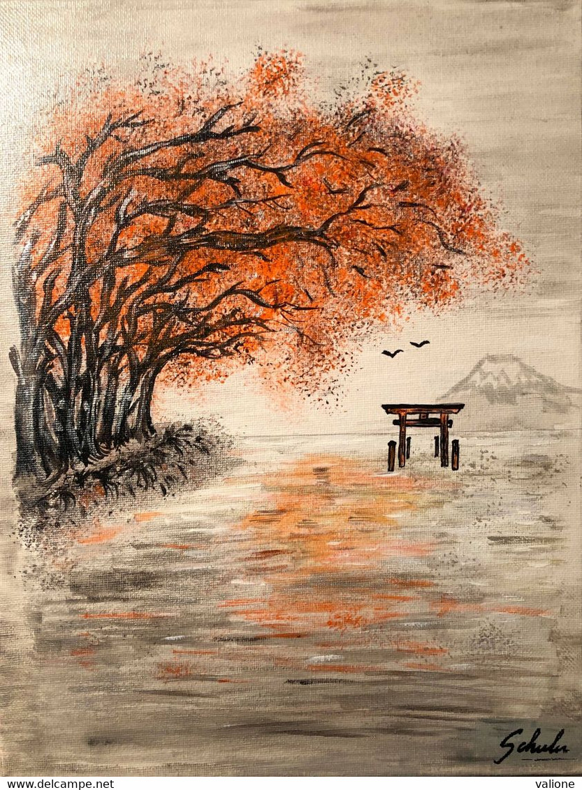 Toile Peinture Acrylique Scène Japonaise "les Arbres Rouges". Tori Japon. Signée - Acryliques