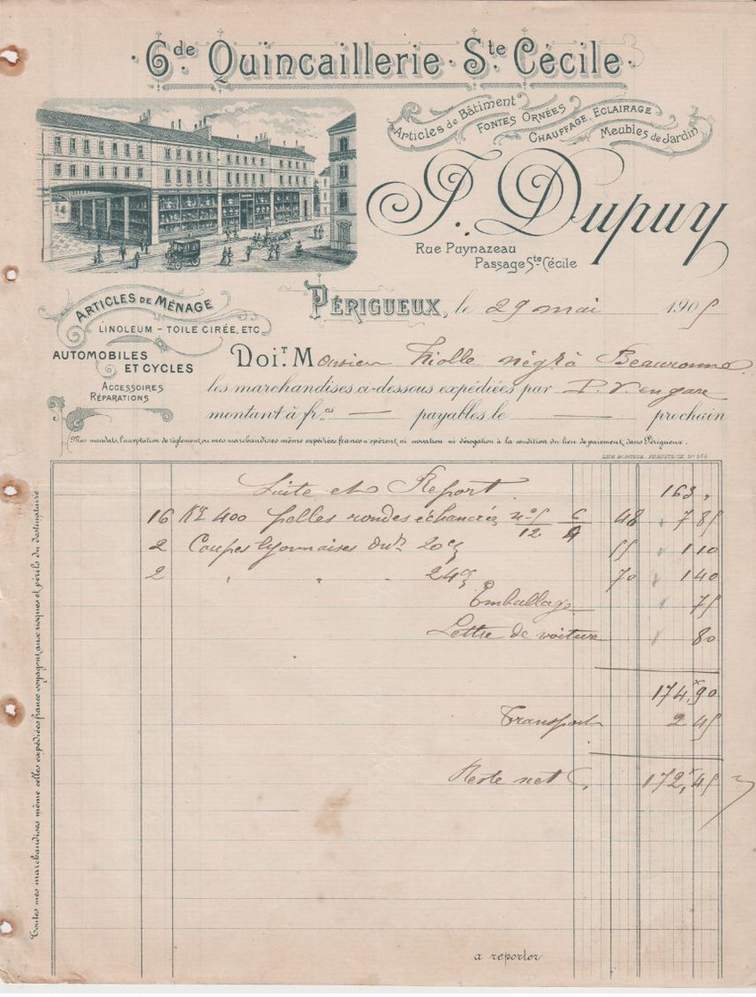 DORDOGNE: M. DUPUY, Gde Quincaillerie Ste Cécile, Rue Puynazeau à Périgueux / Fact De 1905 Pour Beauronne - Ambachten