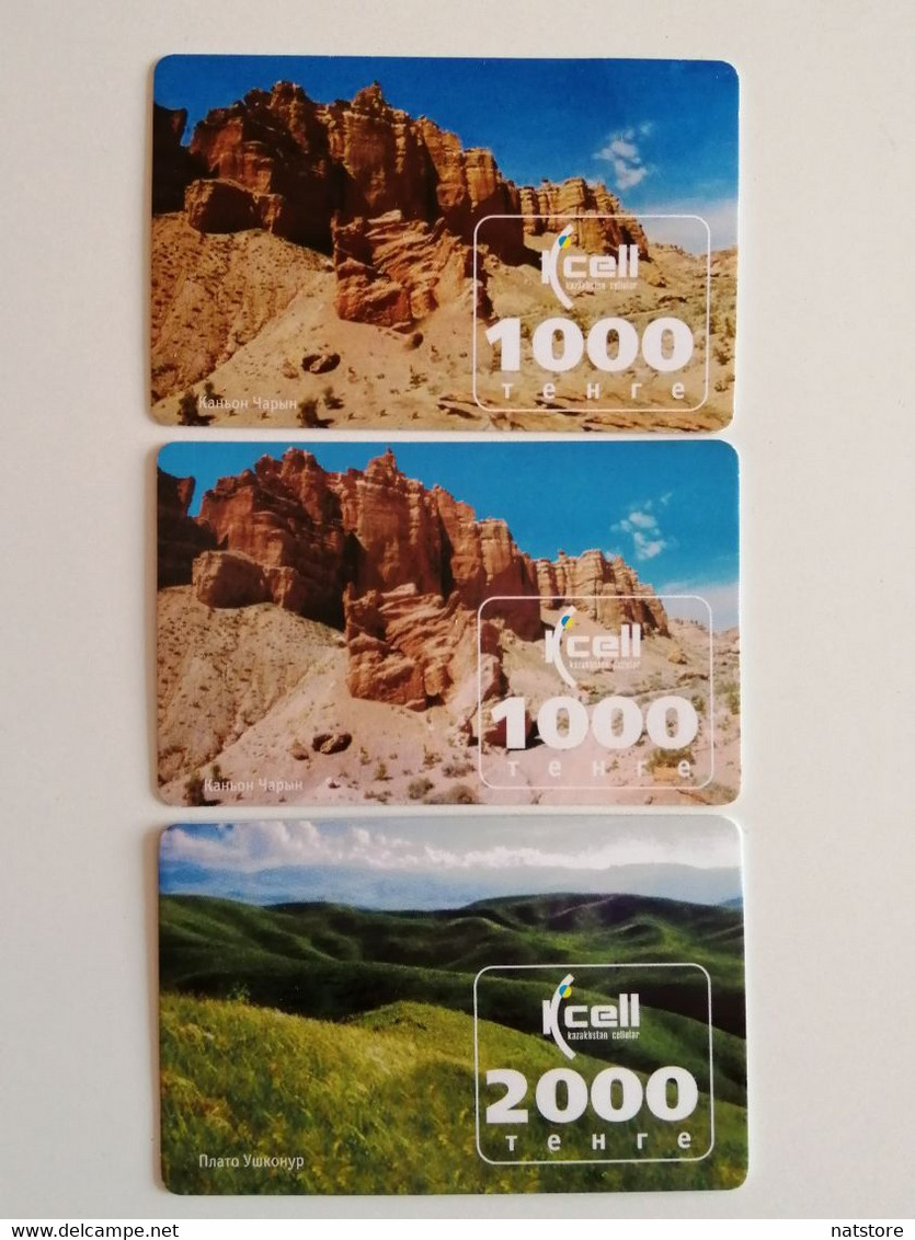 KAZAKHSTAN..LOT OF 3 PHONECARDS.. KCELL..2000, 1000 TENGE.. PLATEAU USCHKONYR, CANYON CHARYN - Montagne