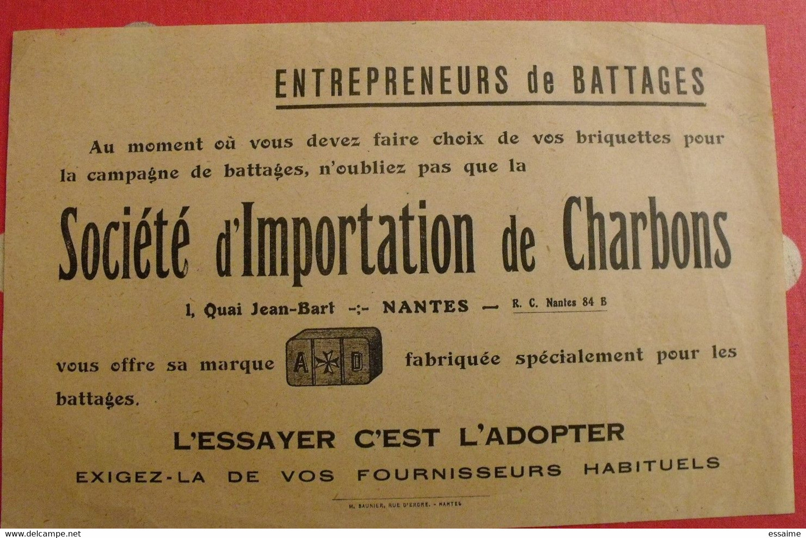 Publicité Société D'importation De Charbons à Nantes. Battages. Vers 1930 - Publicités