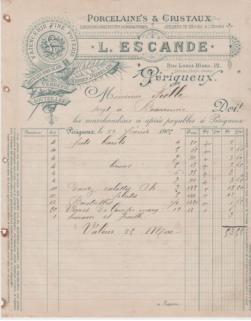 DORDOGNE: L. ESCANDE, Porcelaines & Cristaux, R. Louis Blanc à Périgueux / Fact. De 1905 Pour Beauronne - Ambachten