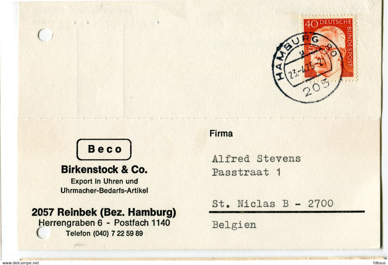 1975 Card From BECO - BIRKENSTOCK & CO Uhren Und Uhrmacher - 2057 Reinbek - HAMBURG 80 205 Cancelled - Privé Postkaarten - Gebruikt