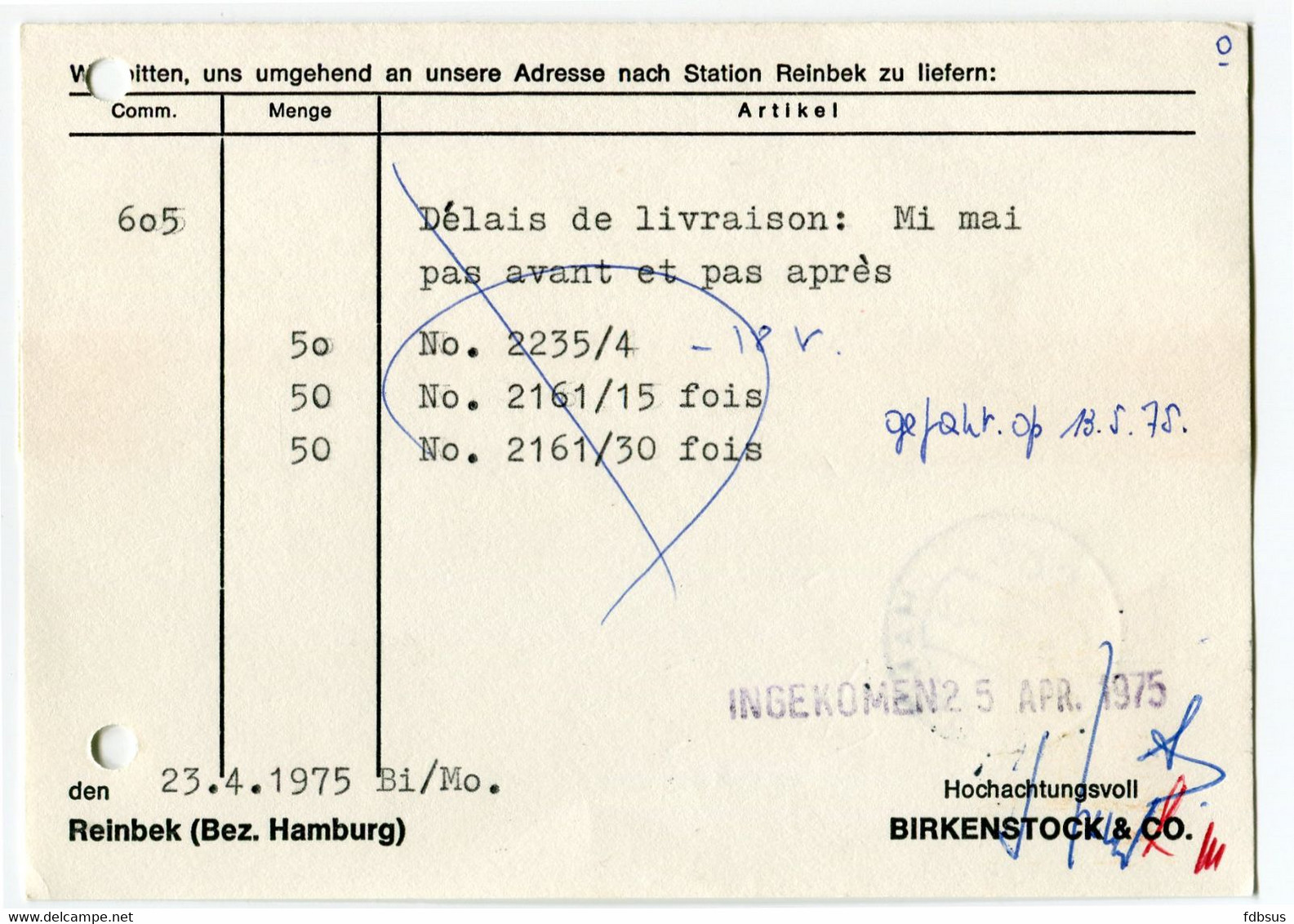 1975 Card From BECO - BIRKENSTOCK & CO Uhren Und Uhrmacher - 2057 Reinbek - HAMBURG 80 205 Cancelled - Privé Postkaarten - Gebruikt