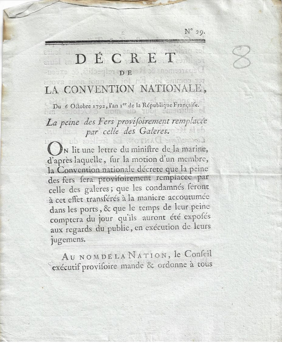 Décret De La Convention Nationale An 1: Peine Des Fers Remplacée Par Les Galères   2 P Signé Lebrun Contre Signé DANTON - Gesetze & Erlasse