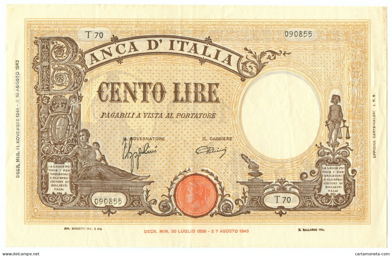 100 LIRE BARBETTI GRANDE B GIALLO TESTINA RETRO BI RSI 11/11/1944 QSPL - Regno D'Italia – Other