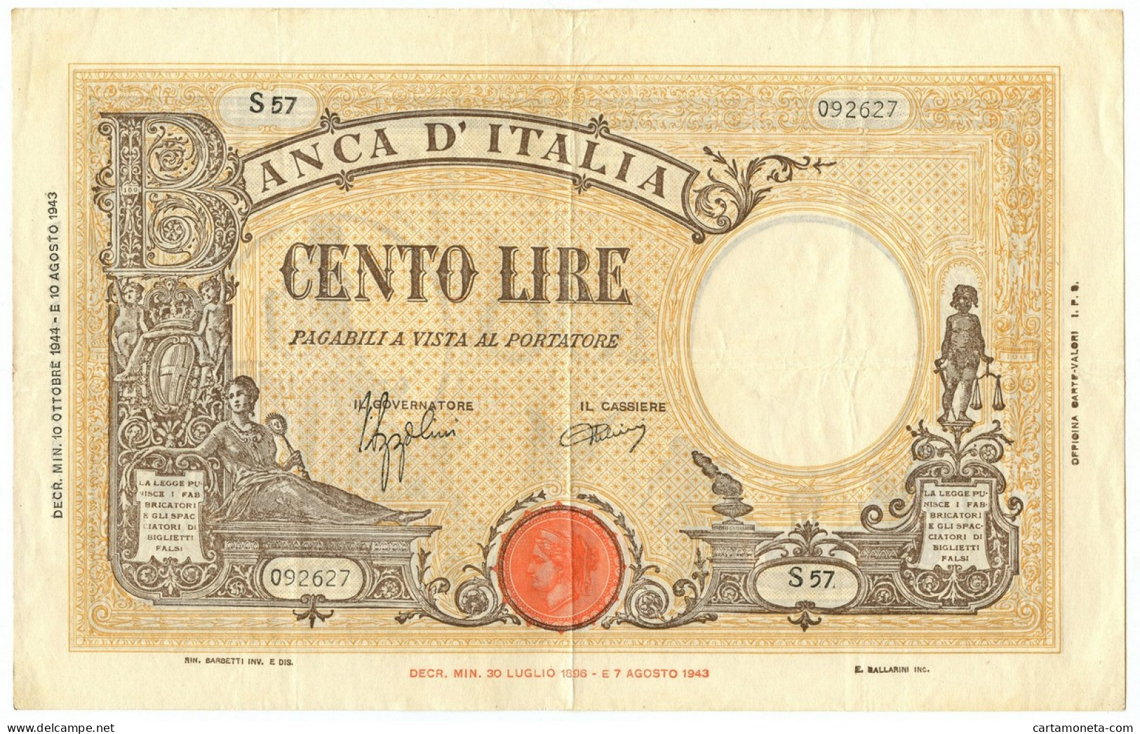 100 LIRE BARBETTI GRANDE B GIALLO TESTINA RETRO BI RSI 10/10/1944 BB/SPL - Regno D'Italia – Autres