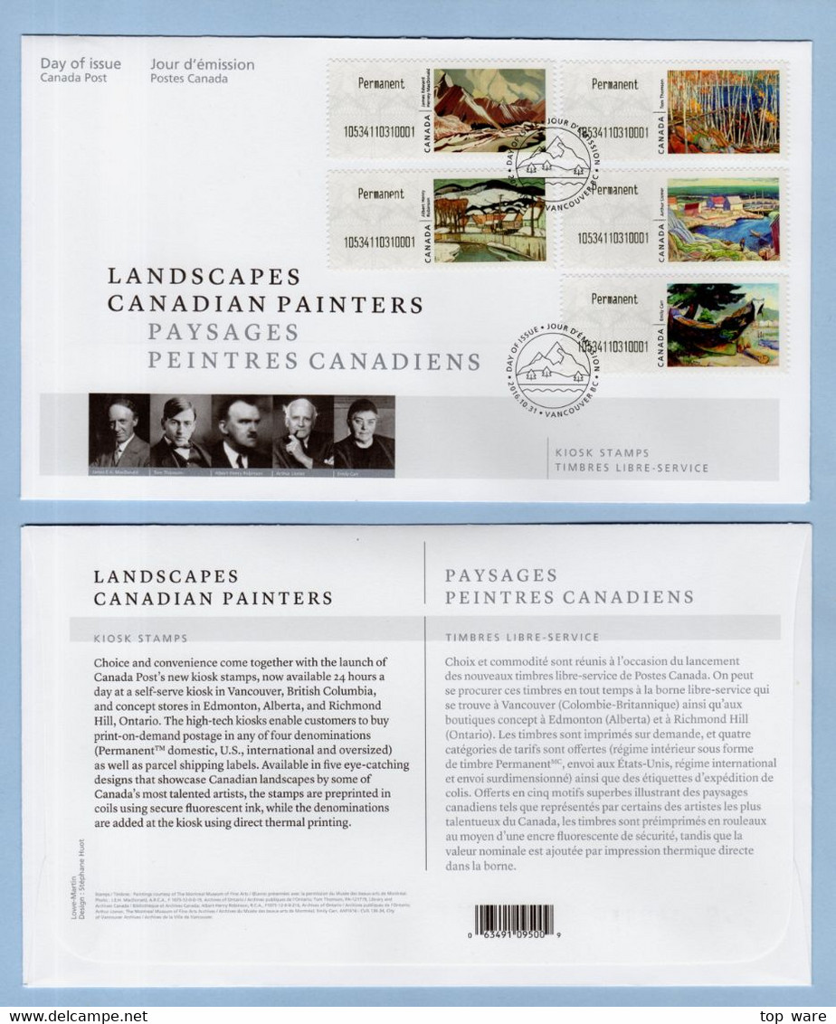 Canada Kanada ATM Stamps 2-6 / Famous Painters / 2016 / Philatelic Service FDC / Frama CVP Automatenmarken - Stamped Labels (ATM) - Stic'n'Tic