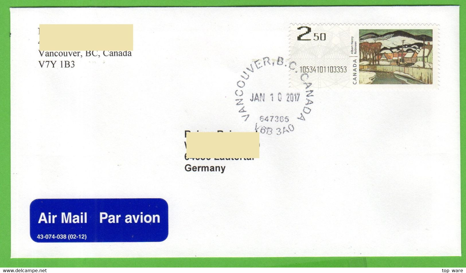 Canada Kanada ATM Kiosk Stamps / Famous Painters / Internat. Letter 2.50 To Europe 2017 / Distributeurs Automatenmarken - Viñetas De Franqueo - Stic'n'Tic