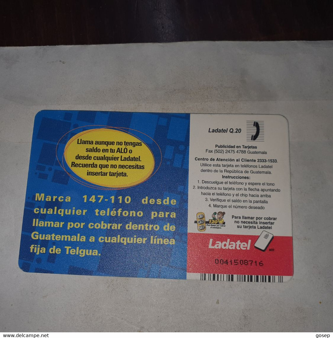 Guatemala-(gua-?)-la Solucion Para A-(11)-(ladatel Q.20)-(0041508716)-used Card+1card Prepiad Free - Guatemala