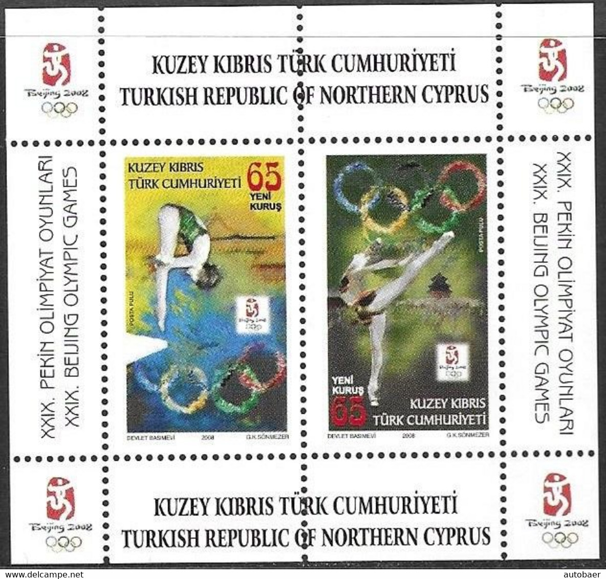 Northern Cyprus Turkish 2008 Olympia Olympic Summer Games Beijing Peking Michel Bl. 27A (683-84) MNH Neuf Postfrisch ** - Nuevos