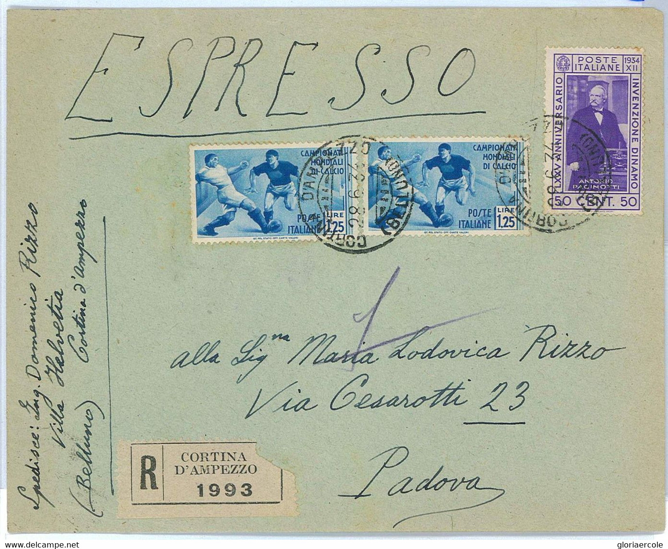 BK1609 - ITALY - Postal History - FOOTBALL Wold Cup 1934 : 1.25 L *2 On REGISTERED Cover - 1934 – Italy