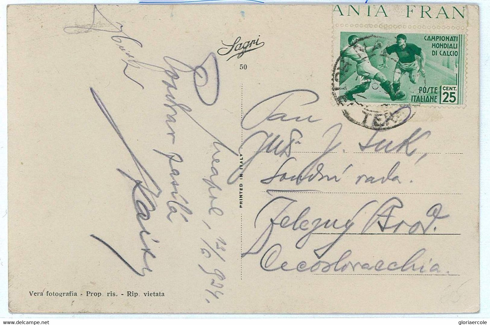 BK1610 - ITALY - Postal History - FOOTBALL Wold Cup 1934 To CZECHOSLOVAKIA 13.06 - 1934 – Italia