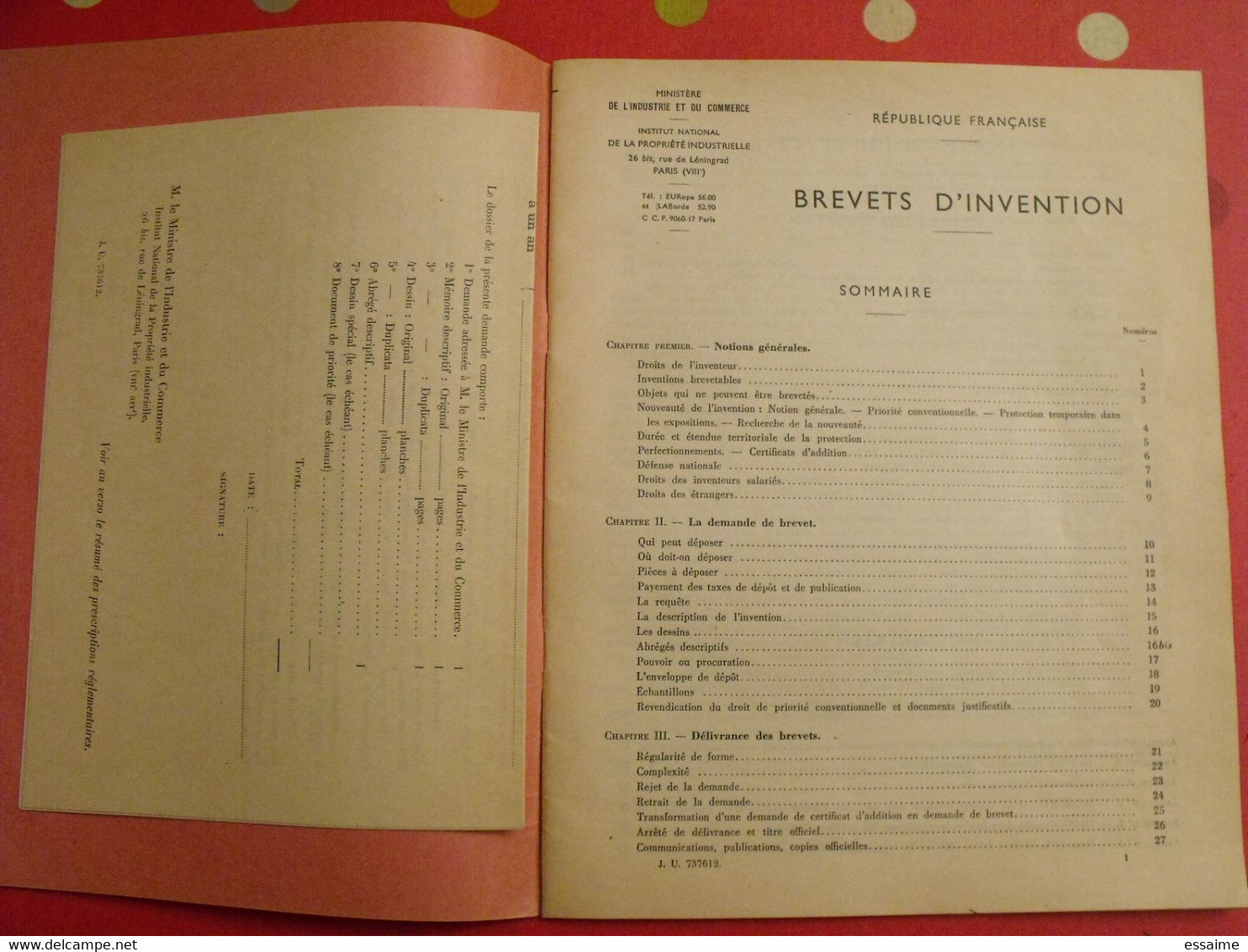 Brevets D'invention, Guide Du Déposant. Institut National De La Propriété Industrielle. 1957. Brevet - Recht