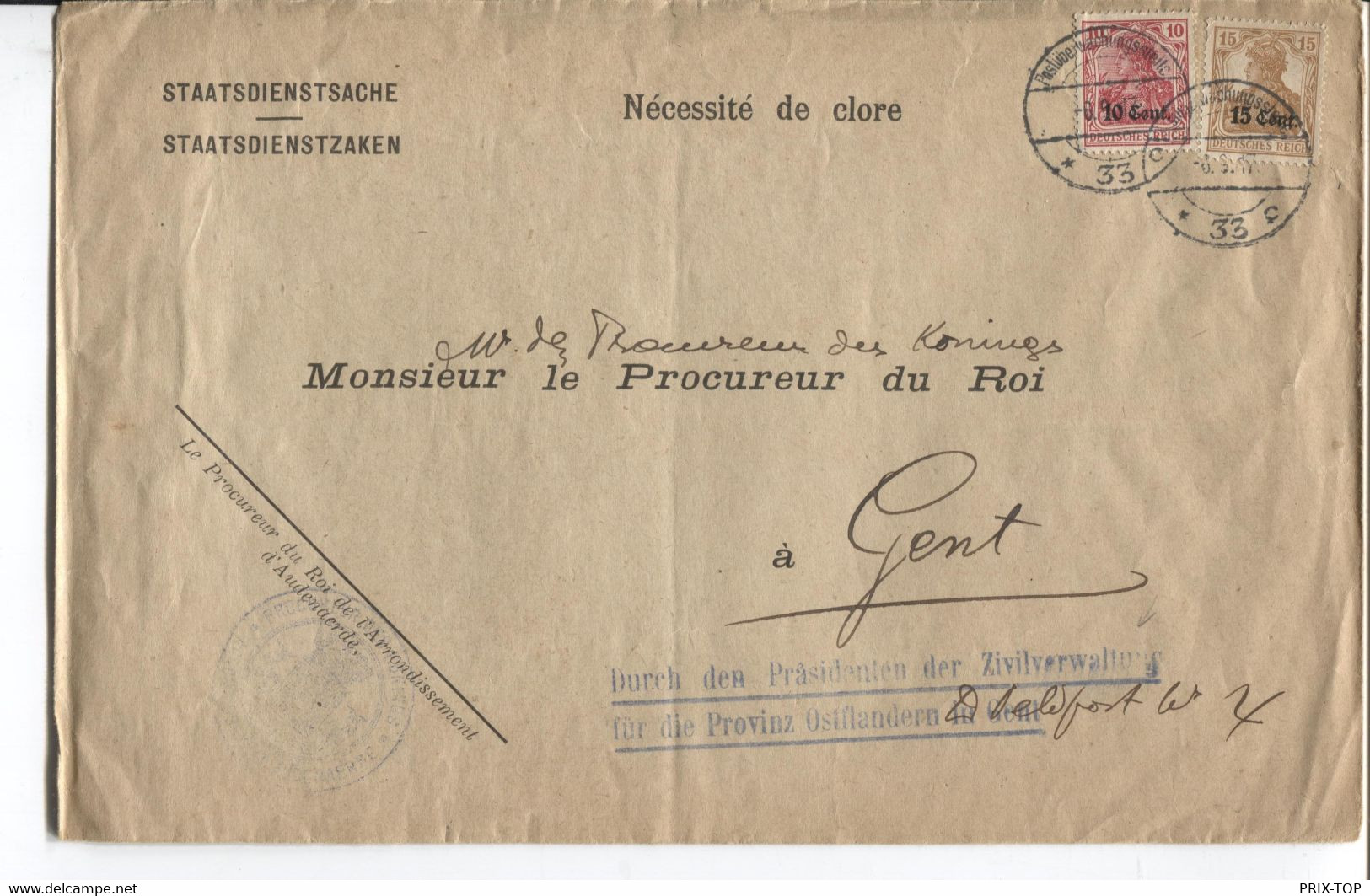 REF3482/ TP Oc 29-30 S/L. Nécessité De Clore Oudenaarde Wijk C.Postüber...1917 33 C Zivilverwaltung > Gent - OC26/37 Territori Tappe