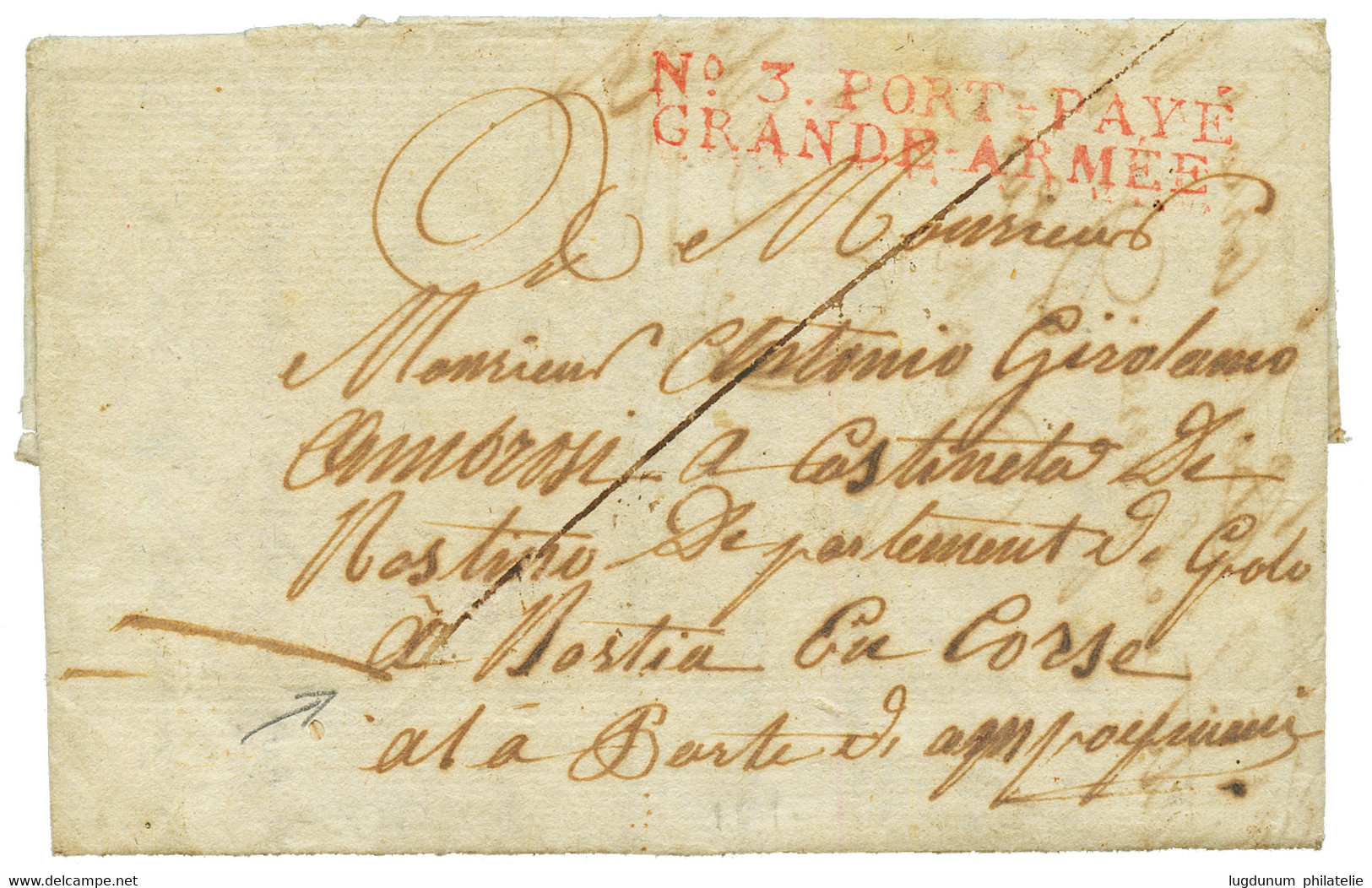 "Soldat CORSE Dans La GRANDE ARMEE" : 1807 N°3 PORT-PAYE GRANDE ARMEE Sur Lettre écrite En Italien Datée "ELBENGEN" Pour - Army Postmarks (before 1900)