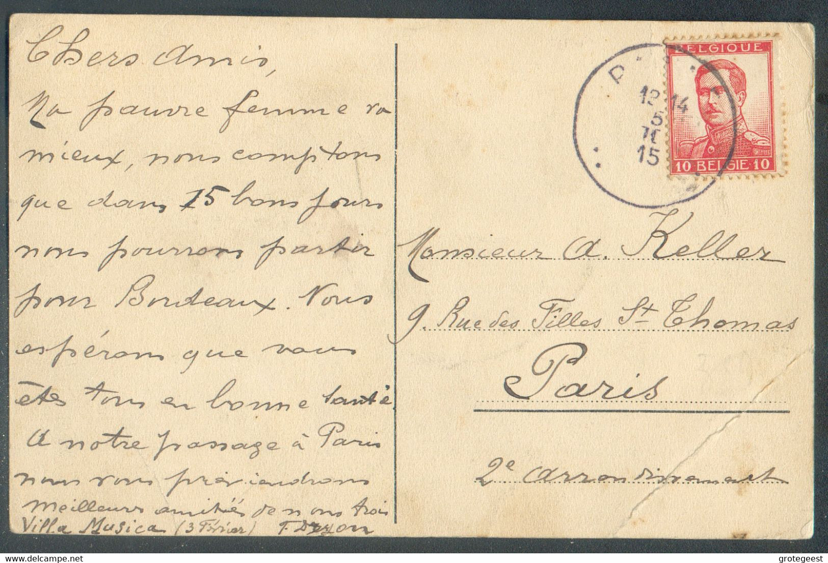 10c. Pellens Obl. Sc PANNE Sur CV Du 5-II-1915 Vers Paris.  TB - 17277 - Unbesetzte Zone