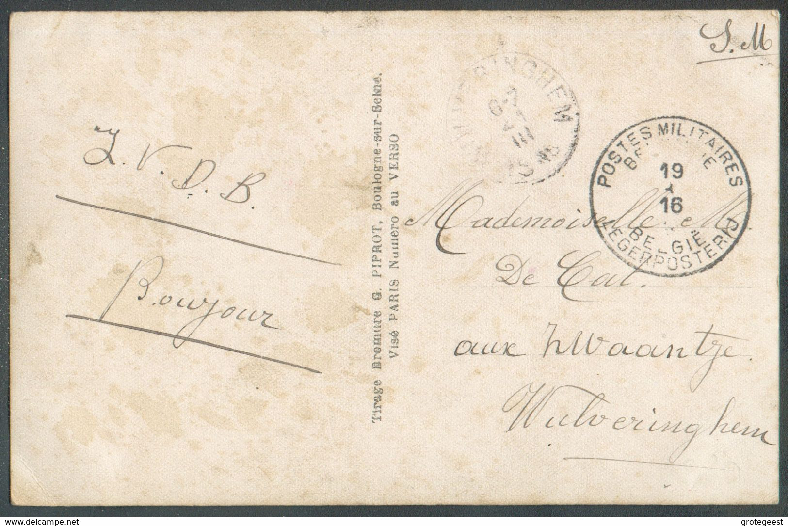 C.P. En SM  Obl. Sc POSTES MILITAIRES Belgique Du 19-I-1916 Vers Wulveringhem (cachet WULVERINGHEM du 21-III-1916 !!). - Unbesetzte Zone