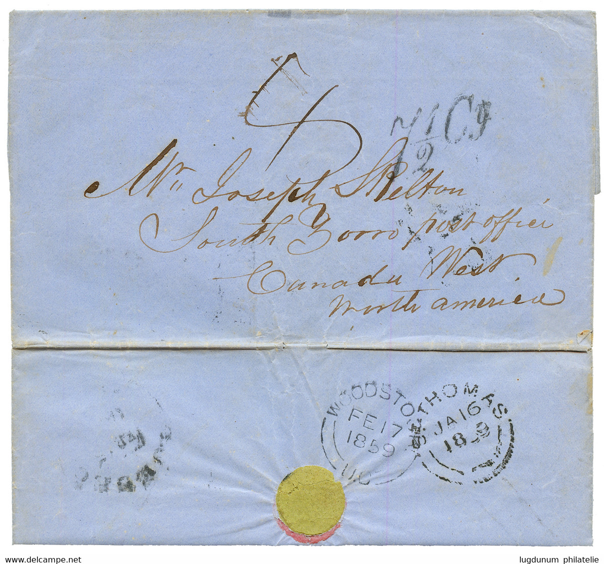 1859 "7 1/2c" Tax Marking On Entire Letter From ST THOMAS To SOUTH BORRO CANADA. Verso, ST THOMAS + WOODSTOCK U.C. Vvf. - Danemark (Antilles)