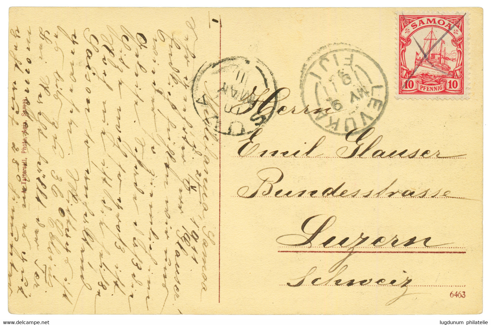 SAMOA Via FIJI : 1911 SAMOA 10pd Pen Cancel + LEVUKA FIJI + SUVA On Card Datelined "MULIFANUA SAMOA" To SWITZERLAND. Sig - Samoa