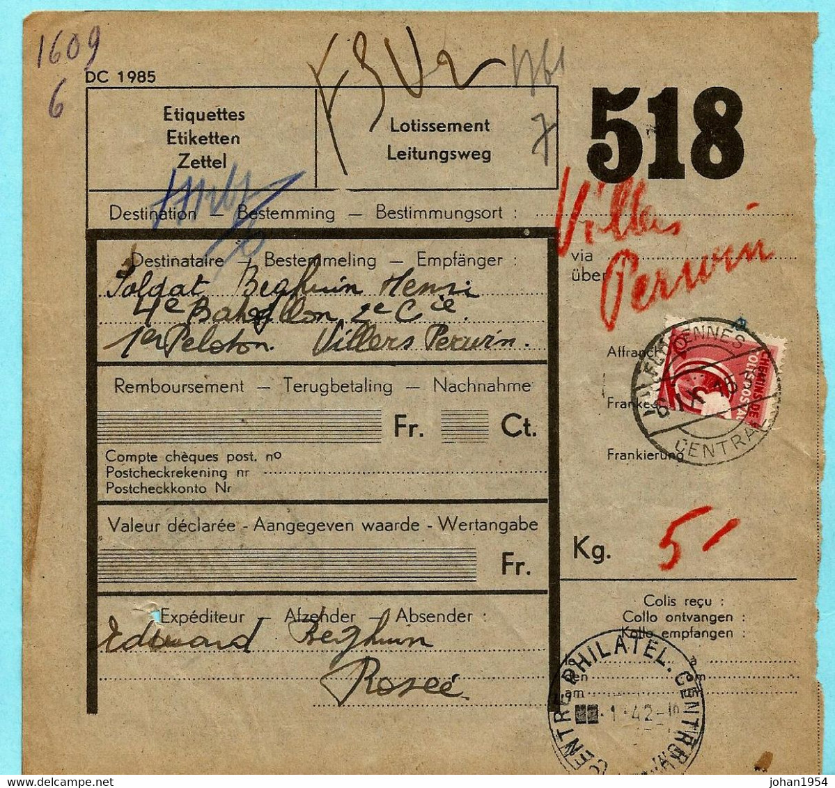 Pakket Van De Soldaat, Spoorwegafst. FLORENNES CENTRAL 06/09/1939 Naar Villers-Perwin - Sonstige & Ohne Zuordnung