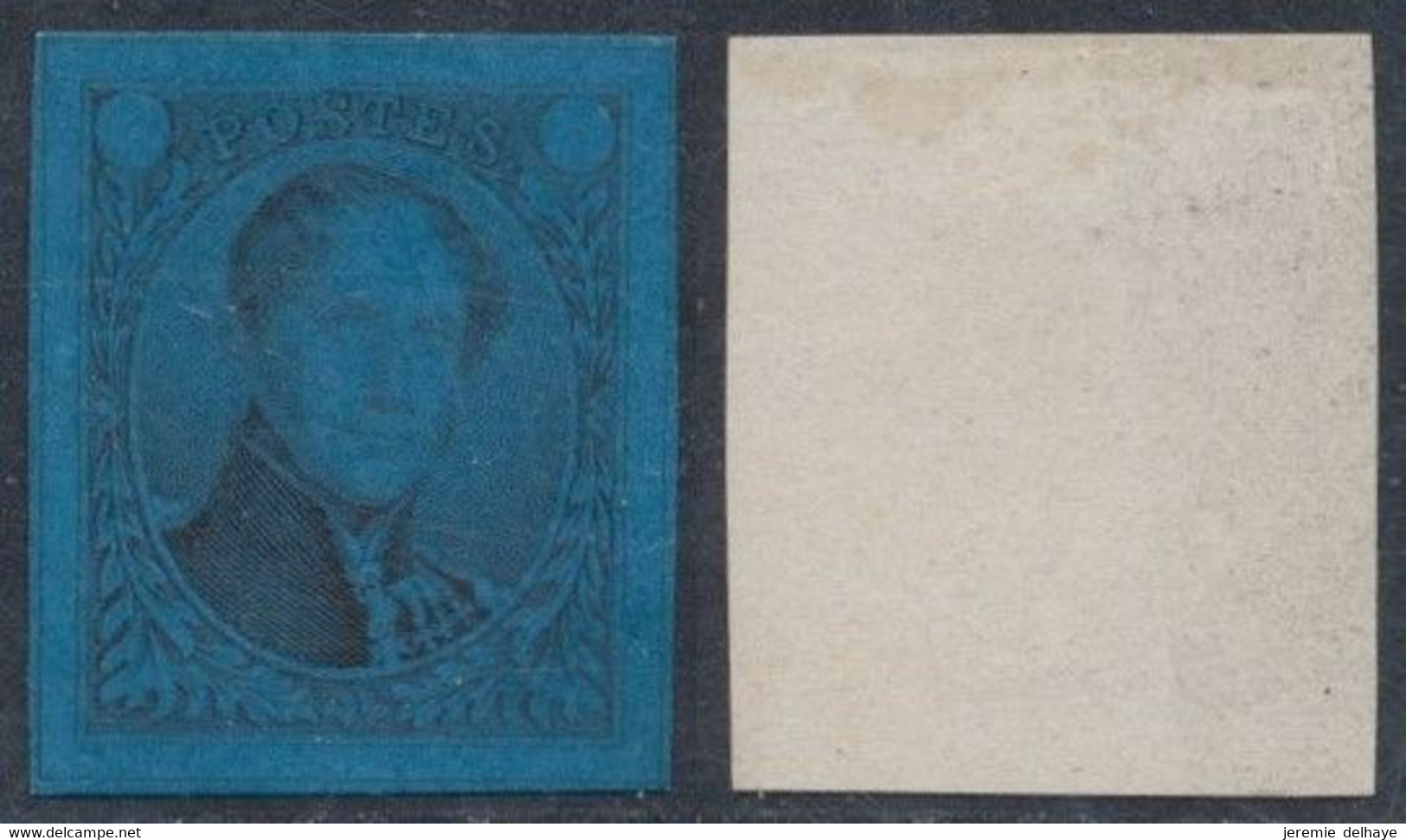 Proposition De Jules P. Delpierre (médaillon Type Léopold I) épreuve En Noir Sur Papier Glacé De Couleur : Bleu Foncé - Prove E Ristampe