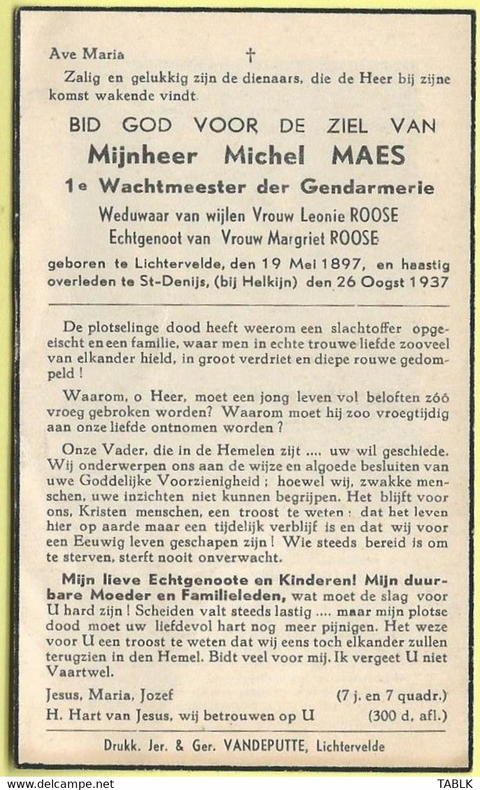 BP245 - BIDPRENT - DOODSPRENT - MICHEL MAES - LICHTERVELDE 1897 / ST DENIJS 1937 - Other & Unclassified