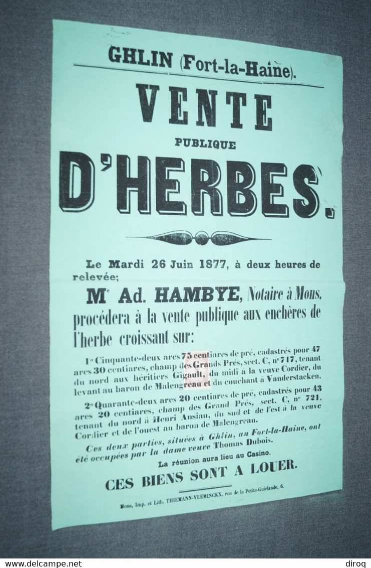 RARE Ancienne Affiche Originale Du 26/06/1877,Ghlin,Fort-La-Haine,vente à Herbes,notaire Hambye Adm. - Affiches