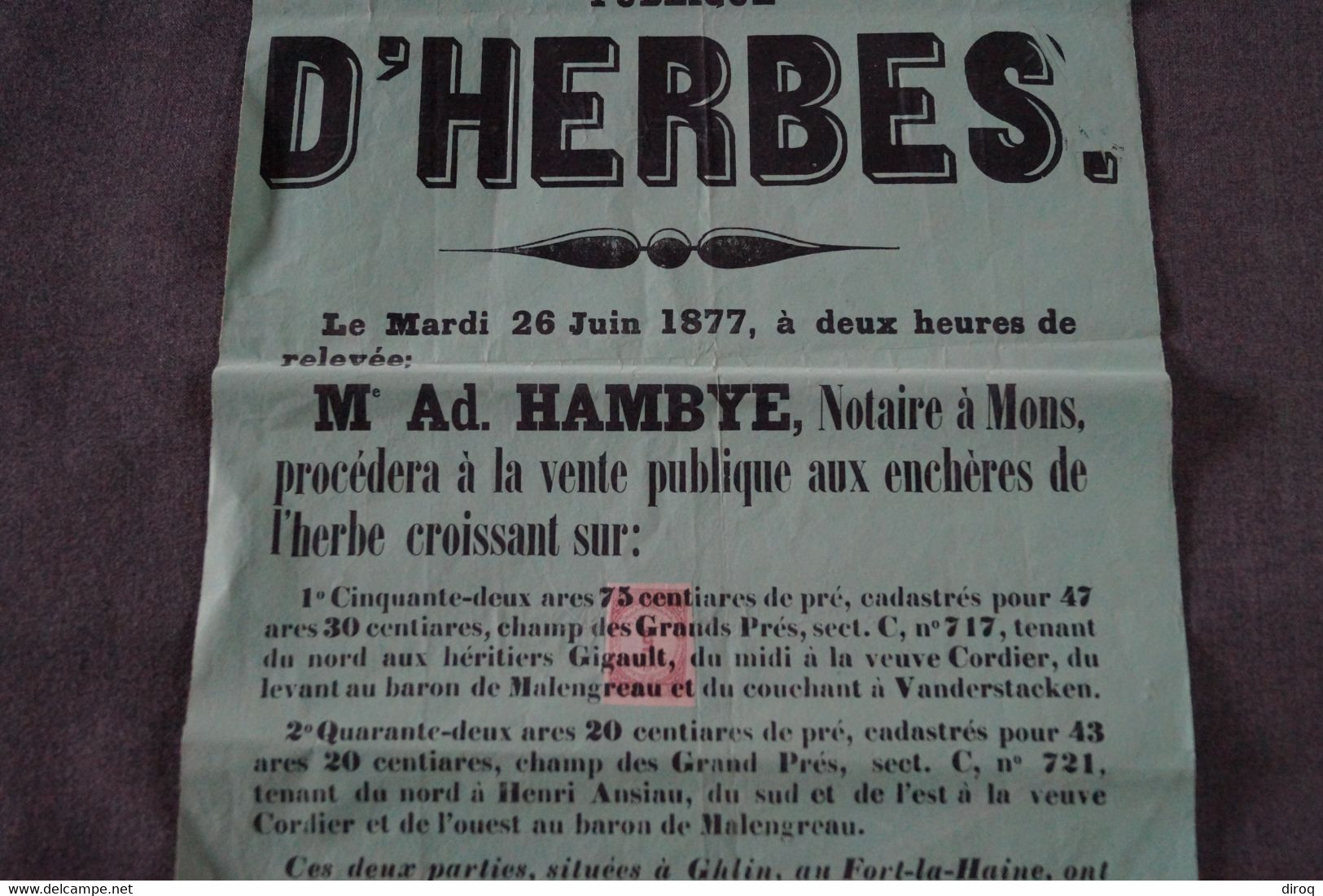 RARE Ancienne Affiche Originale Du 26/06/1877,Ghlin,Fort-La-Haine,vente à Herbes,notaire Hambye Adm. - Plakate