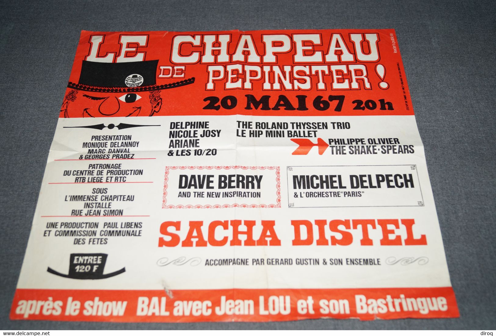 Affiche Originale De 1967,Michel Delpech,Sacha Distel,Dave Berry,Le Chapeau De Pépinster,36 Cm. Sur 34 Cm.original - Afiches