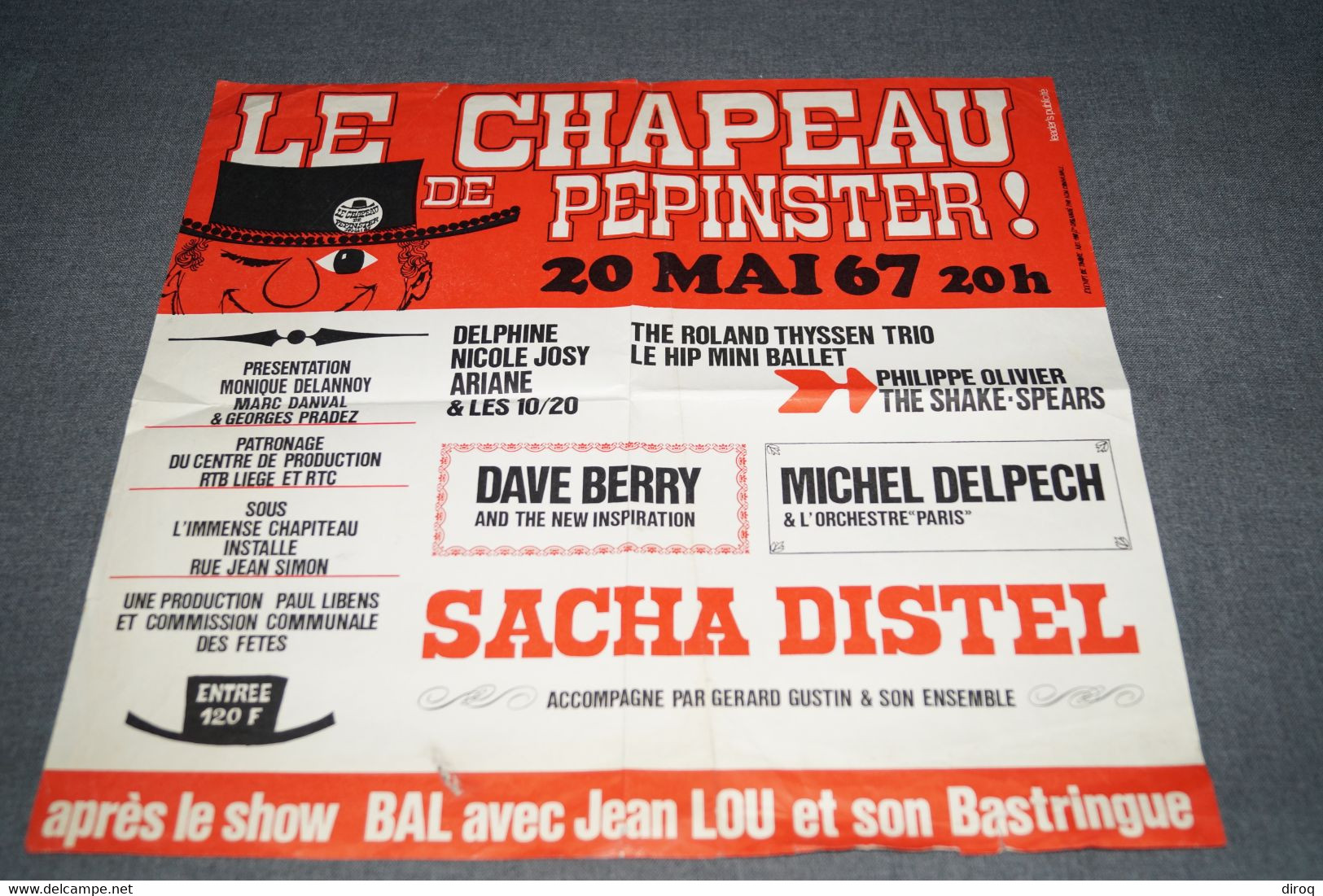 Affiche Originale De 1967,Michel Delpech,Sacha Distel,Dave Berry,Le Chapeau De Pépinster,36 Cm. Sur 34 Cm.original - Plakate