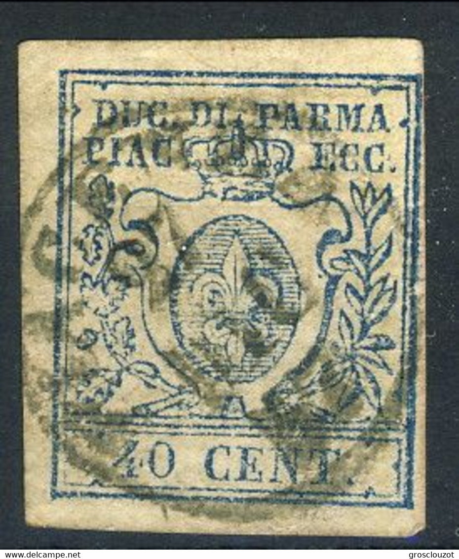 Parma 1857, Sassone N. 11b, C. 40 Su Azzurro, 2° Tipo (zero Stretto), Usato, Cat. € 1500 - Firme A. Diena E G. Biondi - Parme