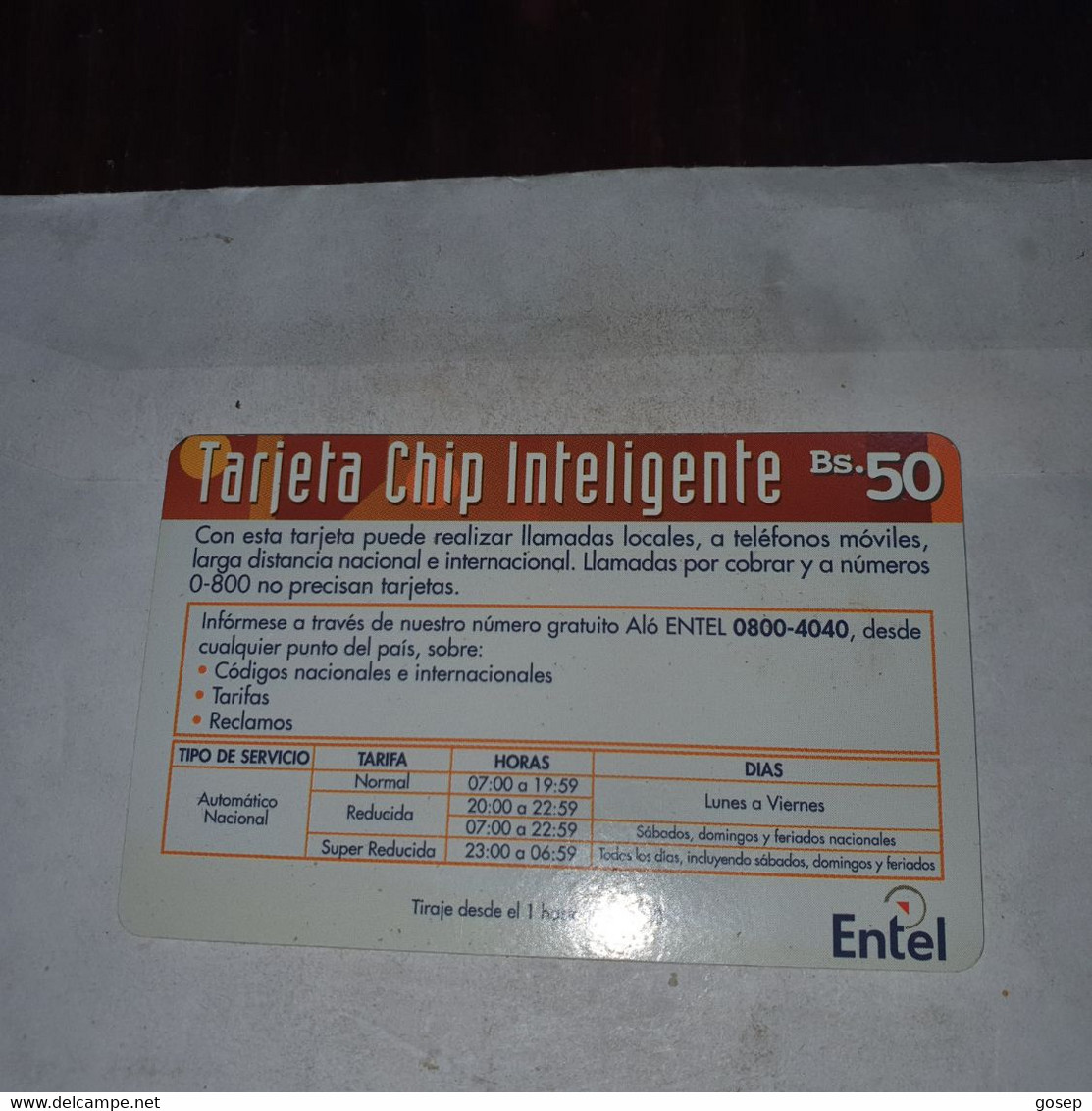 Bolivia-tarjeta Chip Intel-(12)-(?)-(bs.50.00)-used Card+1prepiad Free - Bolivia