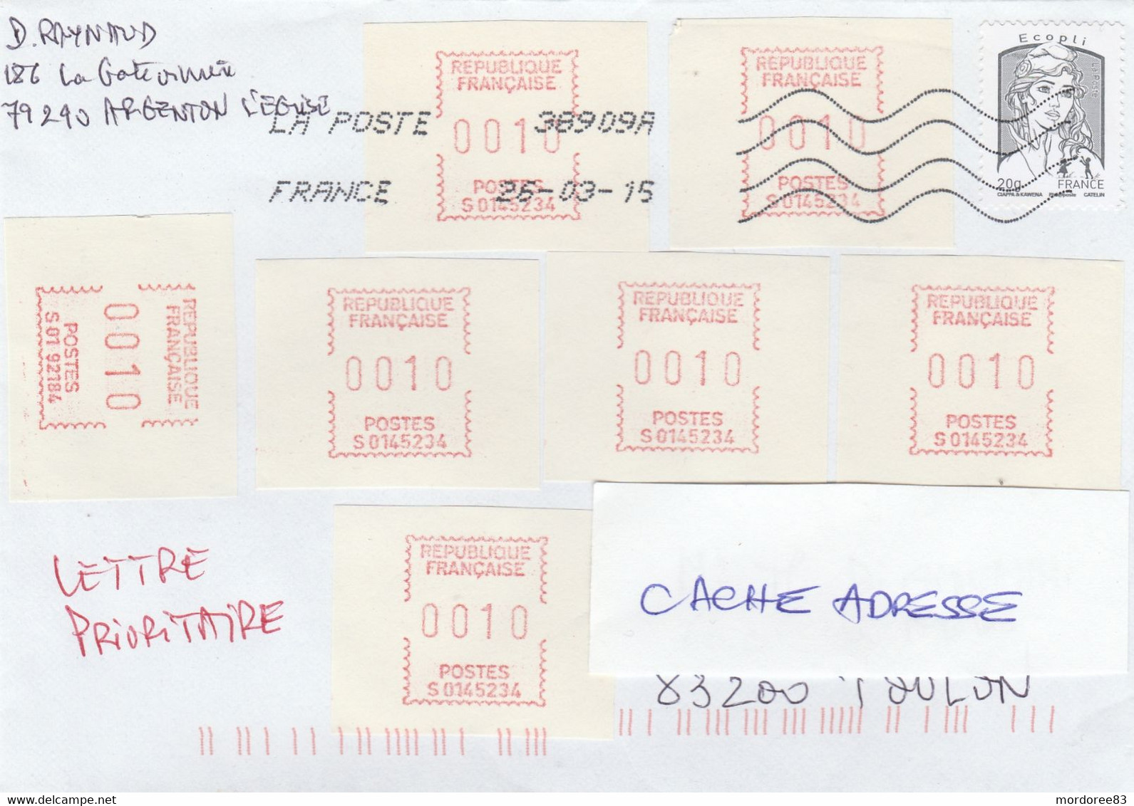 LETTRE ORIGINALE ECOPLI CIAPPA + COMPLEMENT EMA X7X10C ARGENTON 26/3/2015 POUR TOULON - Storia Postale