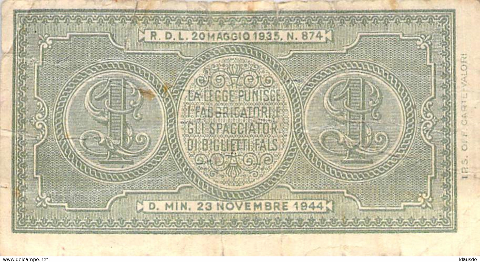 BANCONOTE BANCA D'ITALIA 1 LIRE 1944 VG/G IV - Italië – 1 Lira