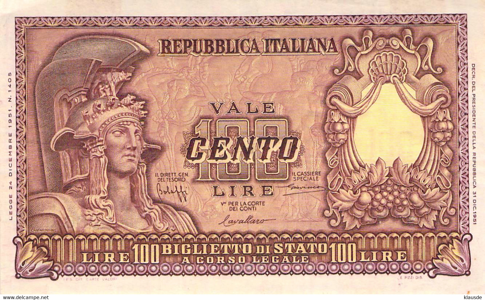 BANCONOTE BANCA D'ITALIA 100 LIRE 1951 VF/F III - 100 Liras