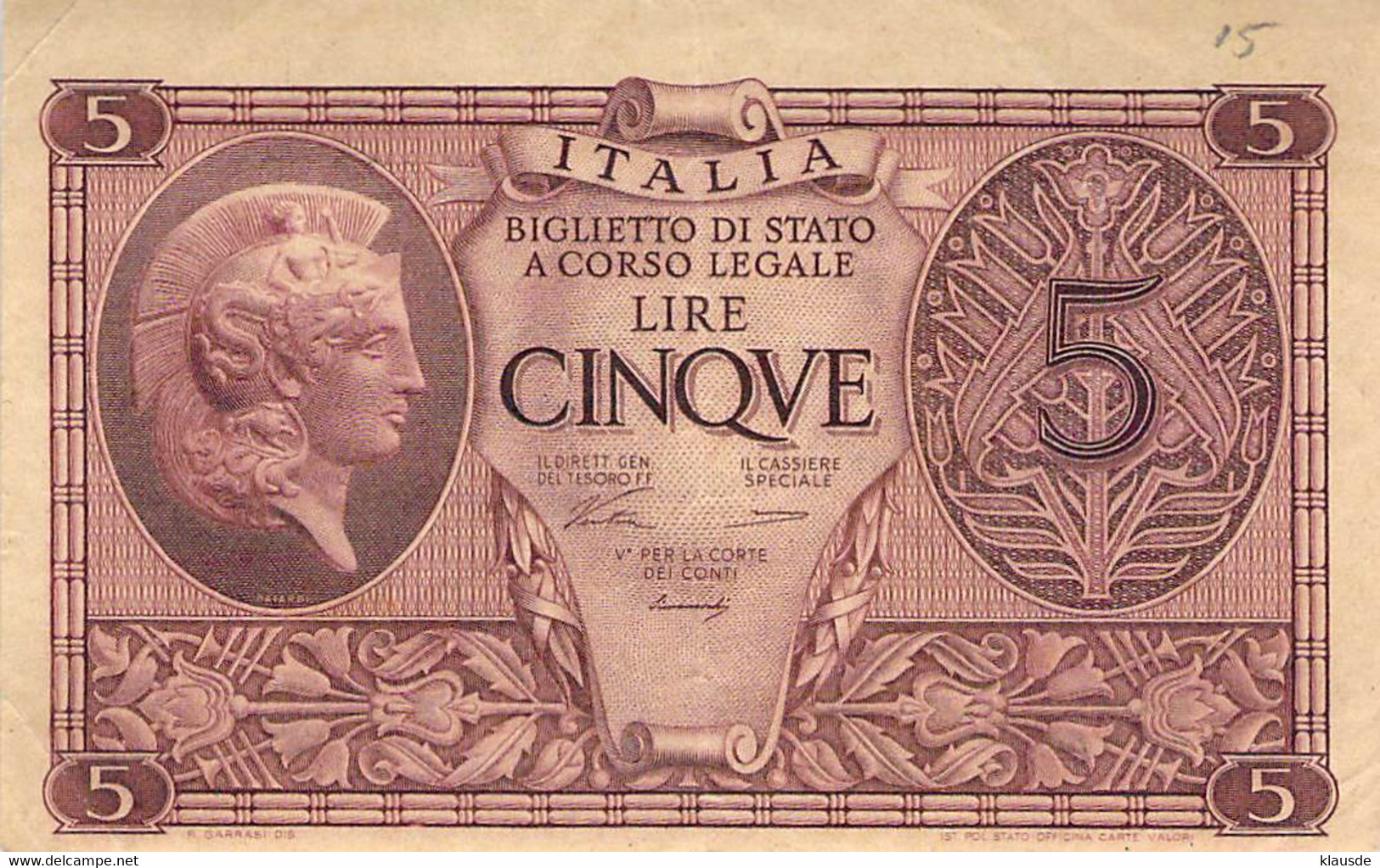 BANCONOTE BANCA D'ITALIA 5 LIRE 1944 VF/F III - Italia – 5 Lire