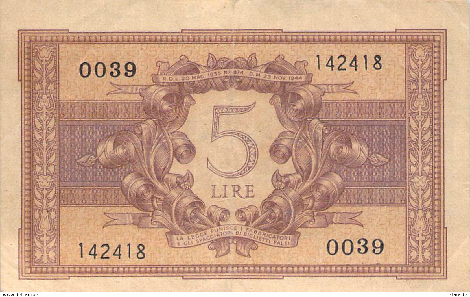 BANCONOTE BANCA D'ITALIA 5 LIRE 1944 VF/F III - Italia – 5 Lire