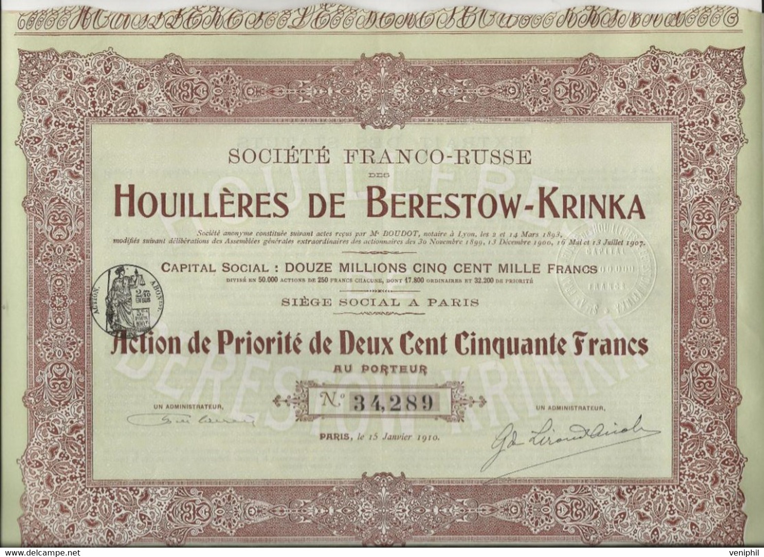 SOCIETE FRANCO-RUSSE HOUILLERES DE BERESTOW - KRINKA- ACTION DE PRIORITE 250 FRS - ANNEE 1910 - Mijnen