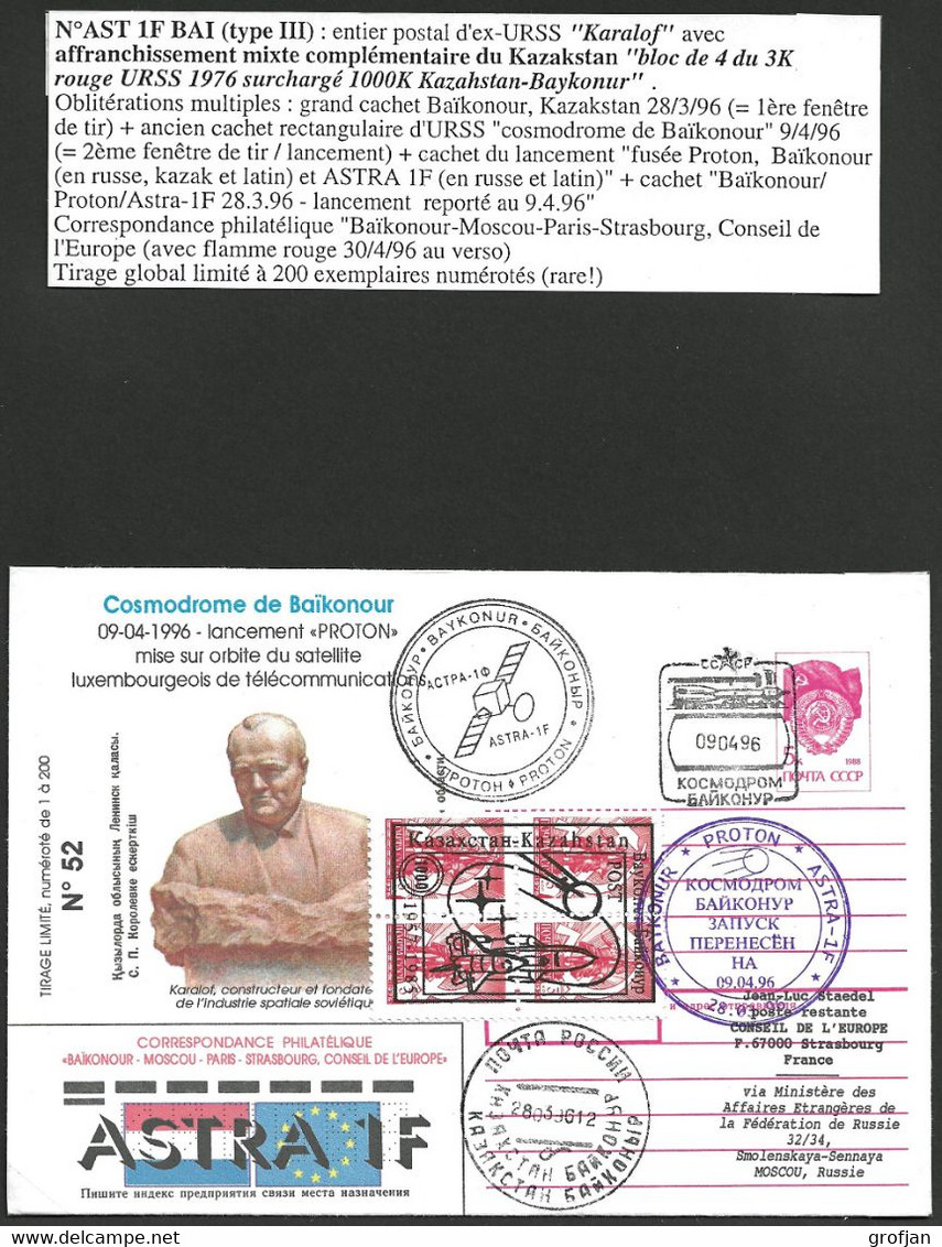 Luxembourg - Raumfahrt - Space - Ussr  Lancement Satelitte Astra 1F 1996 - Proton - Baikonour - RARE ! - Usati