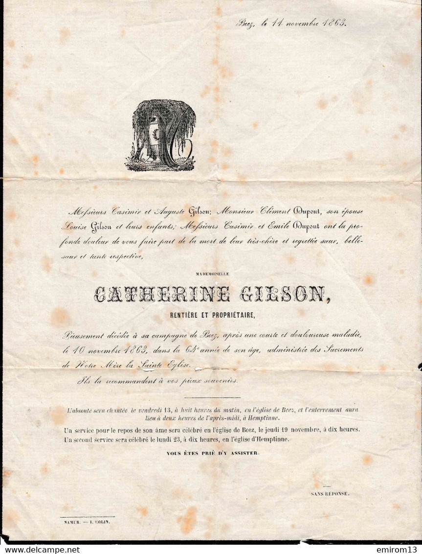 Avis Mortuaire Catherine Gilson Décédée à Beez Namur 1863 église De Hemptinne 21x28cm - Todesanzeige