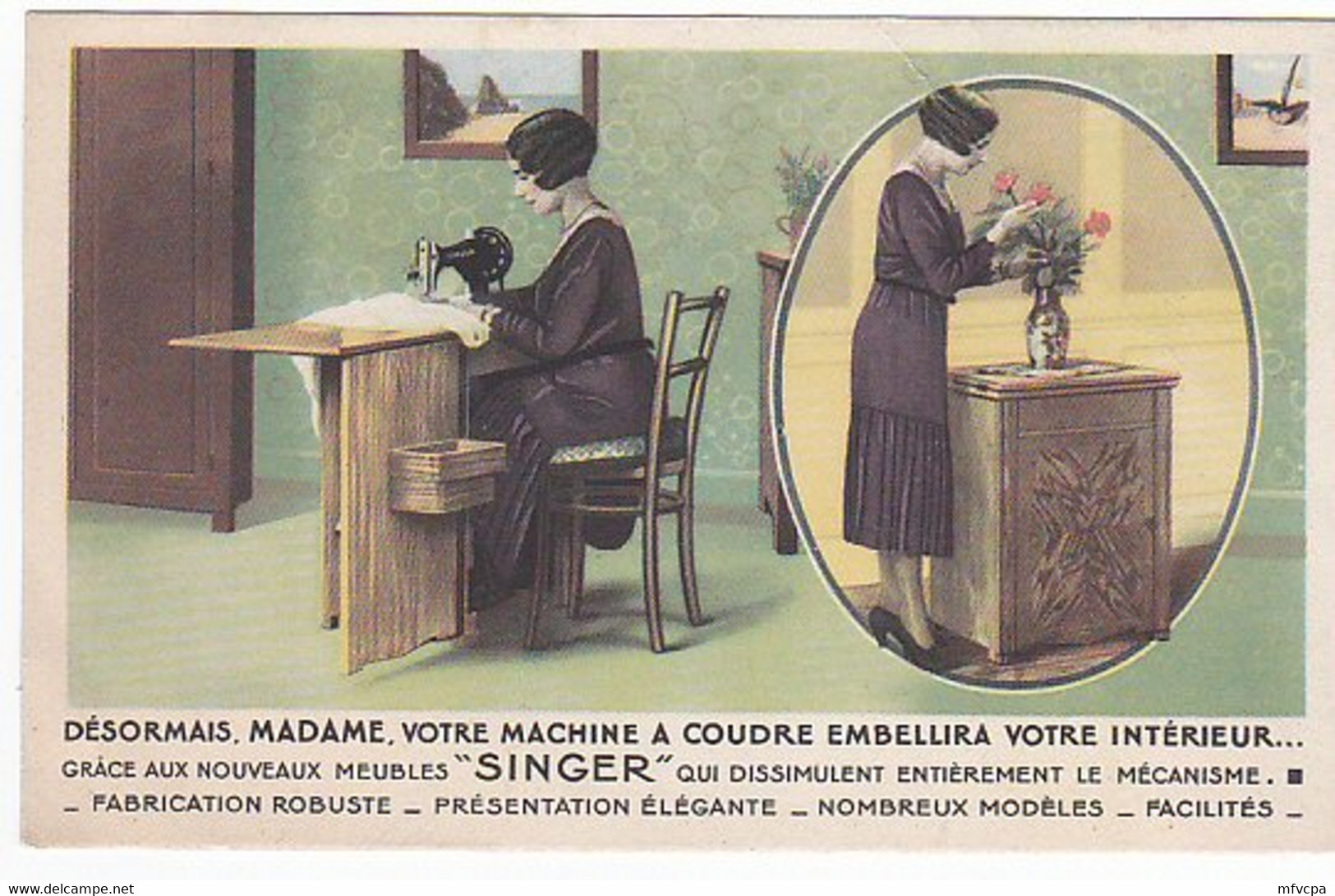 Let288 Publicité Singer Machine Et Meuble  DESORMAIS MADAME VOTRE MACHINE A COUDRE EMBELLIRA VOTRE INTERIEUR - Werbepostkarten