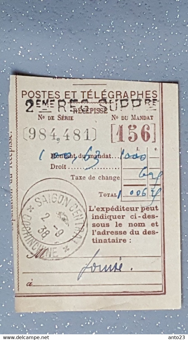 Cochinchine MANDAT  Indochine Française Saigon Central Poste Et Télégraphes 1938 - Lettres & Documents