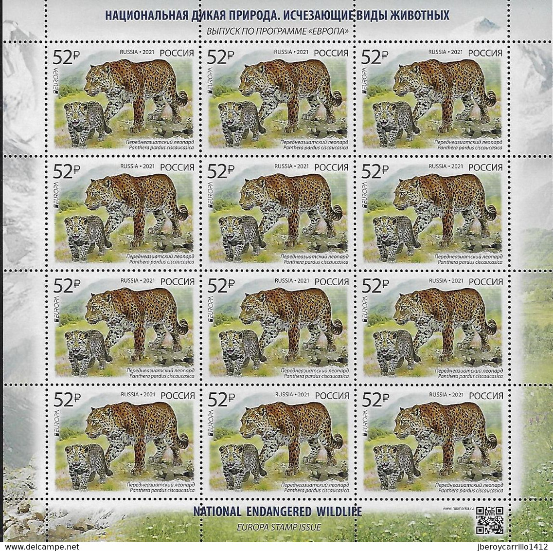 RUSIA 2021 /RUSSLAND /RUSSIA - EUROPA 2021 -"NATIONAL ENDANGERED WILDLIFE"- LEOPARD (PANTHERA).- SHEEET Of 12 Stamps MNH - 2021