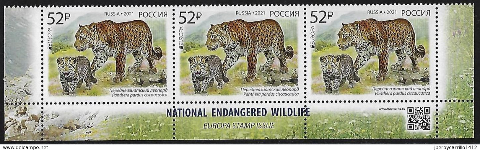 RUSIA 2021 /RUSSLAND /RUSSIA - EUROPA 2021 -"NATIONAL ENDANGERED WILDLIFE"- LEOPARD (PANTHERA).- STRIP Of 3 STAMPS - INF - 2021